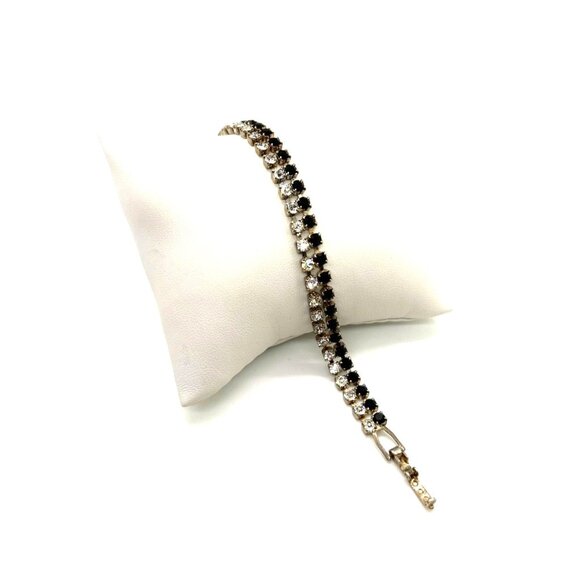 Vintage Tennis Bracelet With Black & Clear Rhinestones Silver Tone 6.5 Inches Lo - Picture 2 of 11